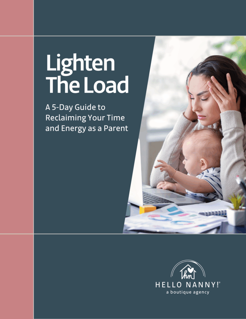 A tired mother holding her child at a cluttered desk; text reads "Lighten The Load: A 5-Day Guide for Parents.