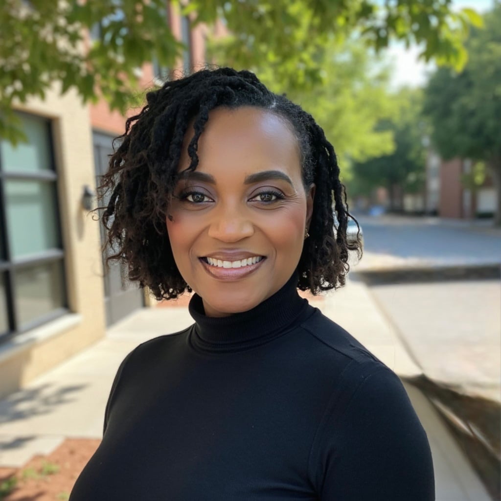 Smiling person with curly hair in a black turtleneck, standing on a sunny street with trees in the background.