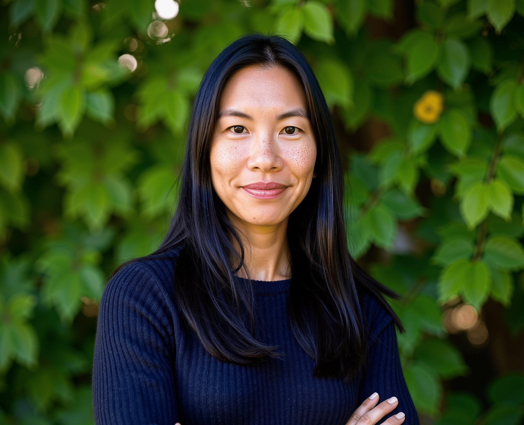 Woman with long dark hair and black sweater smiling in front of leafy green background.