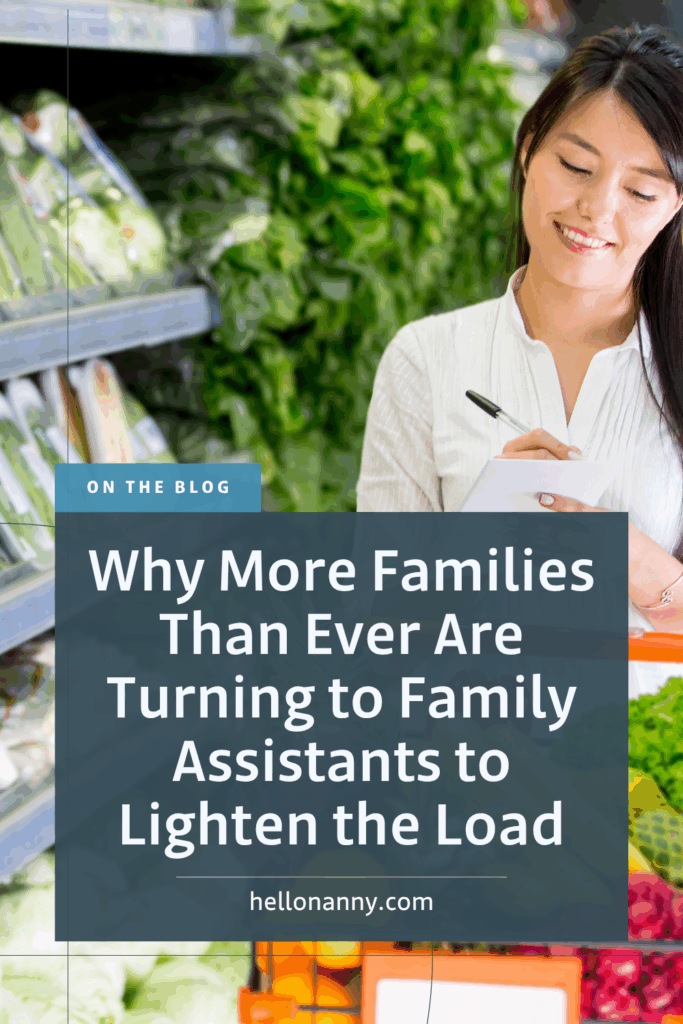 Smiling woman writing on clipboard in produce aisle, blog title about family assistants overlaid on image.