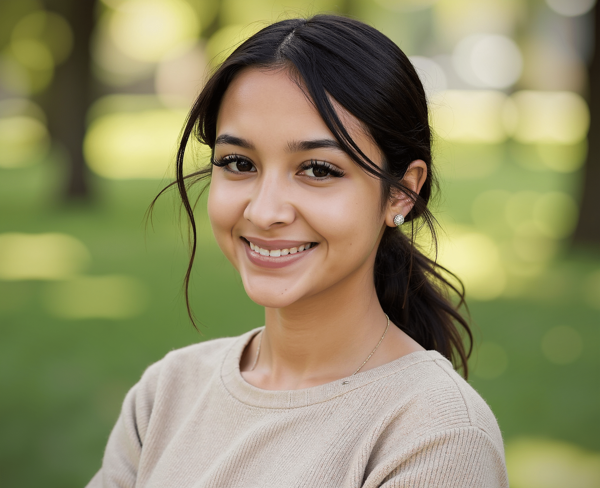 Young woman with dark hair smiling outdoors, wearing a beige sweater, with blurred green trees in the background.