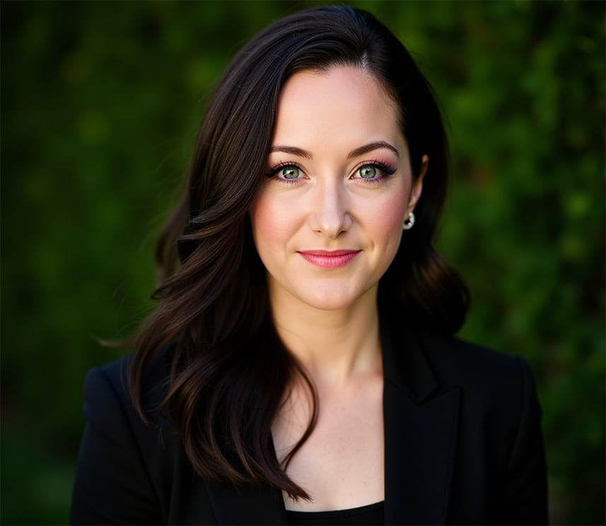 Kate Georgalas, a woman with long dark hair in a black blazer, smiles softly while standing in front of a leafy green background.
