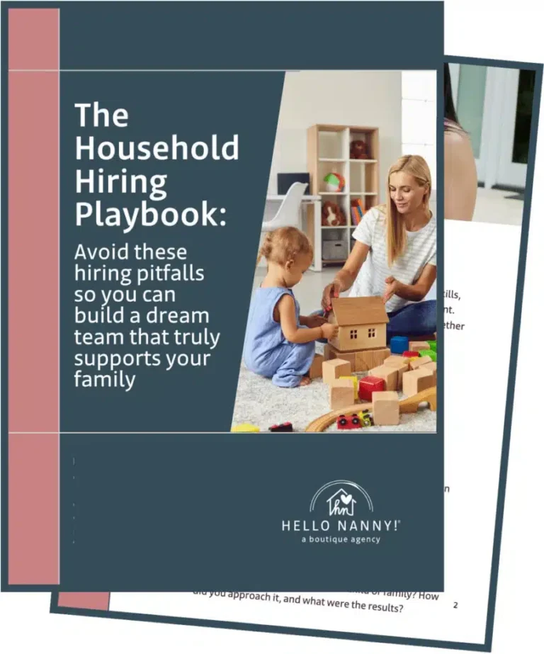 Cover of a hiring playbook featuring a part time nanny playing with a young child and wooden blocks on the floor.