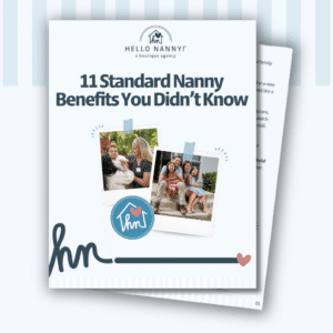 A brochure titled "11 Standard Nanny Benefits You Didn’t Know" with photos of nannies and children.