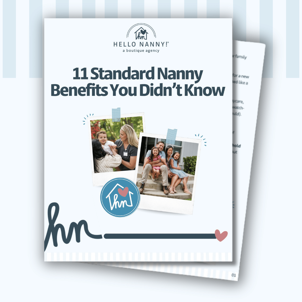 A brochure titled "11 Standard Nanny Benefits You Didn’t Know" with photos of nannies and children.