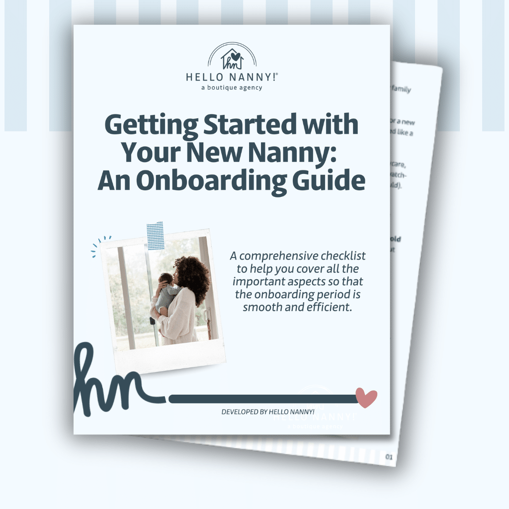 Front cover of a nanny onboarding guide with a checklist and photo of a nanny holding a child by a window.