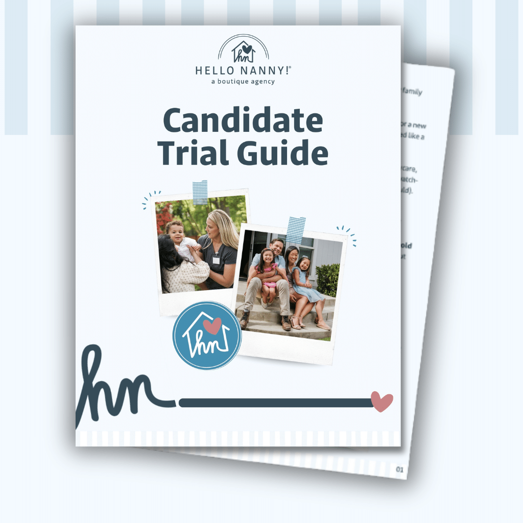 Front cover of "Candidate Trial Guide" with photos of nannies and kids, and the Hello Nanny! logo.