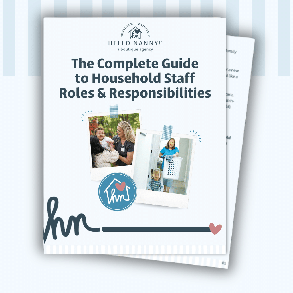 Cover of "The Complete Guide to Household Staff Roles & Responsibilities" with photos of a nanny and children.