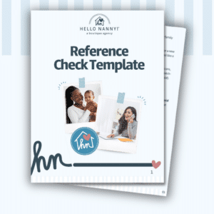 Cover page for a "Reference Check Template" with photos of women caring for a child and speaking on the phone.