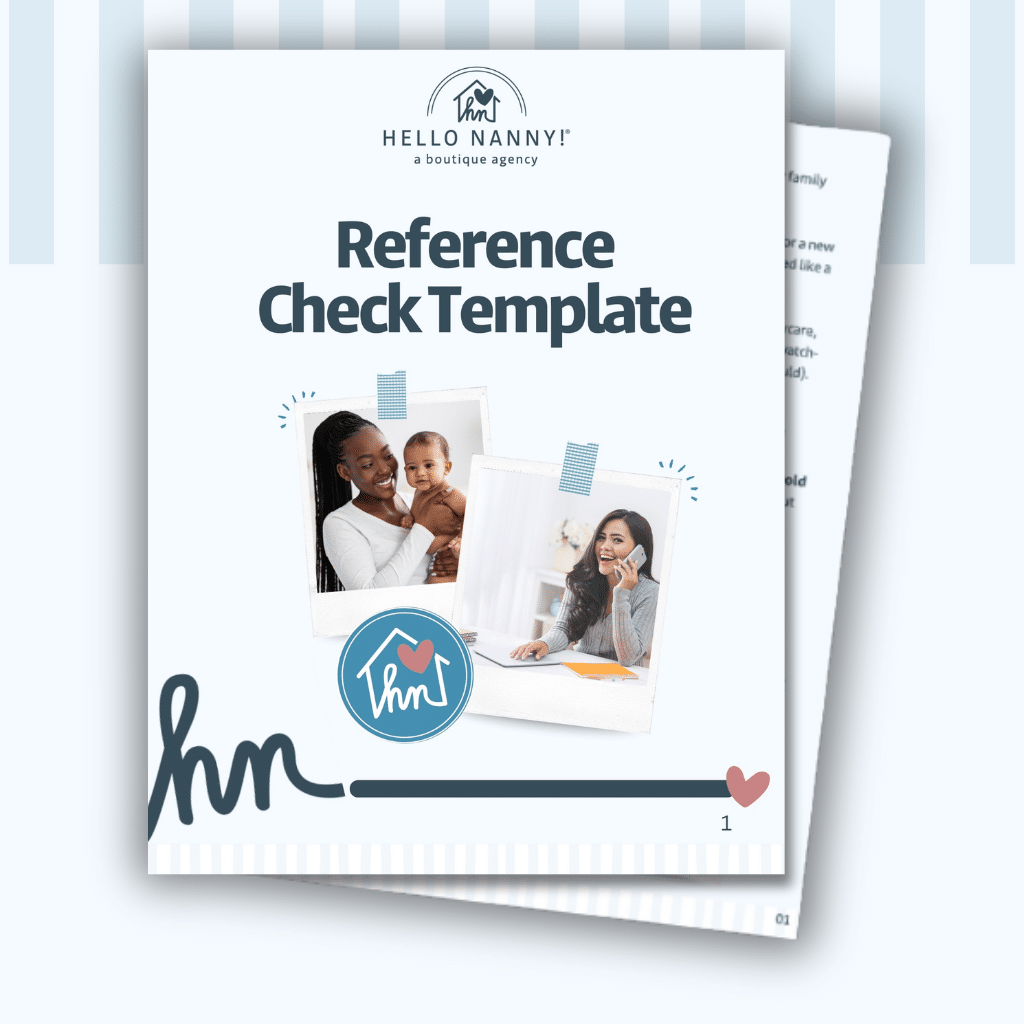 Cover page for a "Reference Check Template" with photos of women caring for a child and speaking on the phone.
