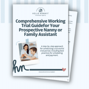 Cover of a nanny trial guide showing a woman and child playing with building blocks at a table.