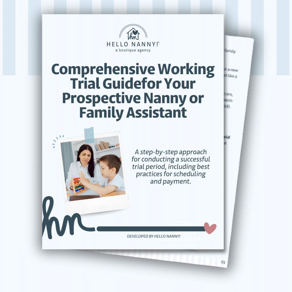 Cover of a nanny trial guide showing a woman and child playing with building blocks at a table.