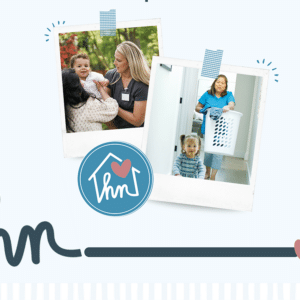 Two photos: a woman holding a child, and a woman carrying laundry with a toddler nearby.