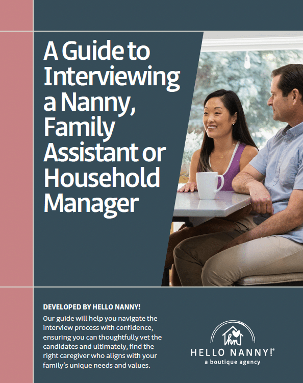 A smiling woman interviews with a couple at a table; guide title about interviewing home staff appears.