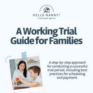 A woman and a young boy play with blocks; text introduces a working trial guide for families by Hello Nanny.