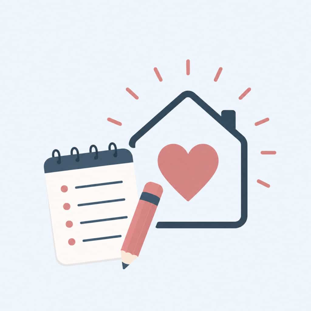 A notepad and pencil next to a house outline with a heart inside, symbolizing home, organization, and onboarding.