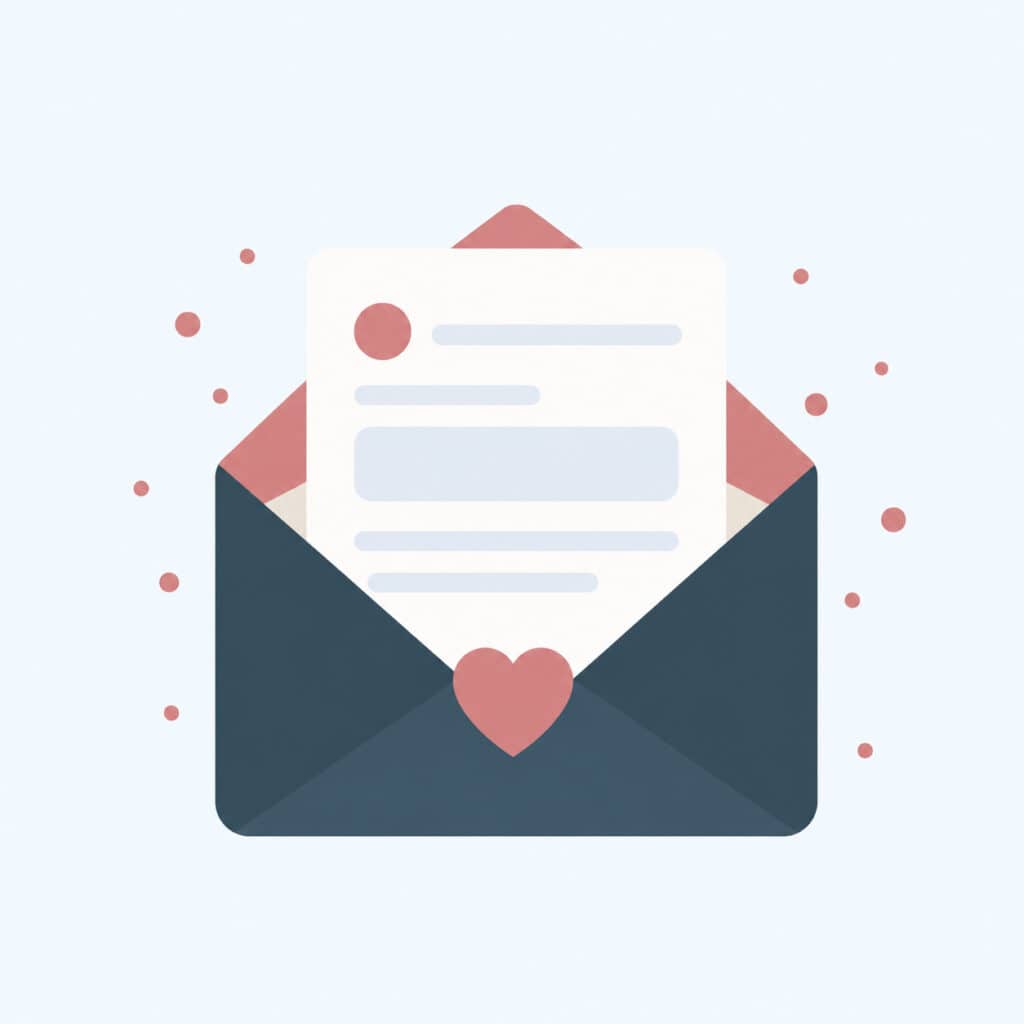An open envelope with a heart seal holds a letter, surrounded by small decorative dots, symbolizing a warm onboarding experience.