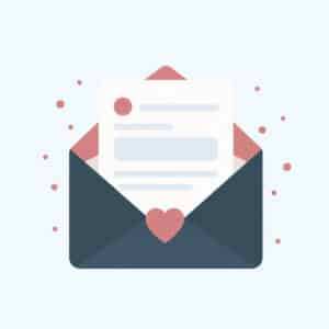 An open envelope with a heart seal holds a letter, surrounded by small decorative dots, symbolizing a warm onboarding experience.