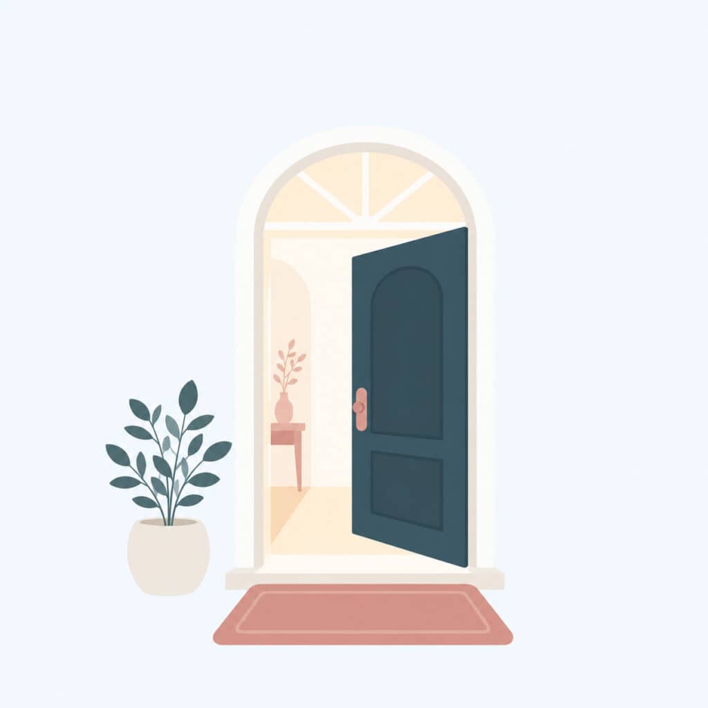 Illustration of an open door with a doormat, potted plant, and a vase on a table inside—perfectly capturing the warm welcome of onboarding.
