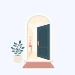 Illustration of an open door with a doormat, potted plant, and a vase on a table inside—perfectly capturing the warm welcome of onboarding.