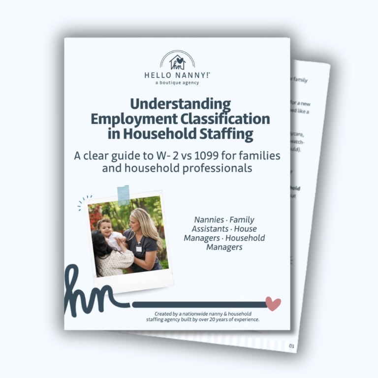 Brochure cover titled “Understanding Employment Classification in Household Staffing” with a photo of a nanny and child.