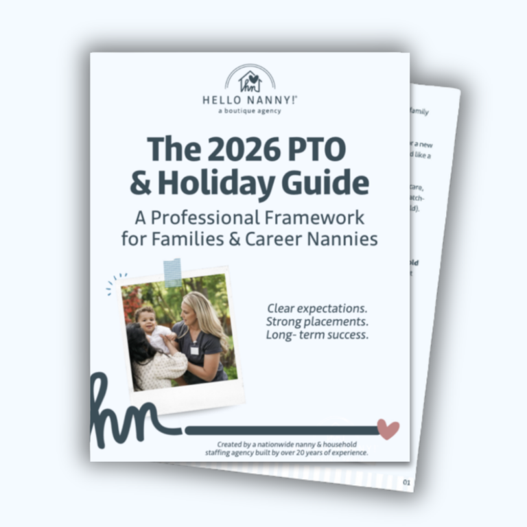 Cover of "The 2026 PTO & Holiday Guide" by Hello Nanny, showing a woman holding a child outdoors.