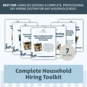 Five hiring guides with photos and icons, titled "Complete Household Hiring Toolkit" for families.
