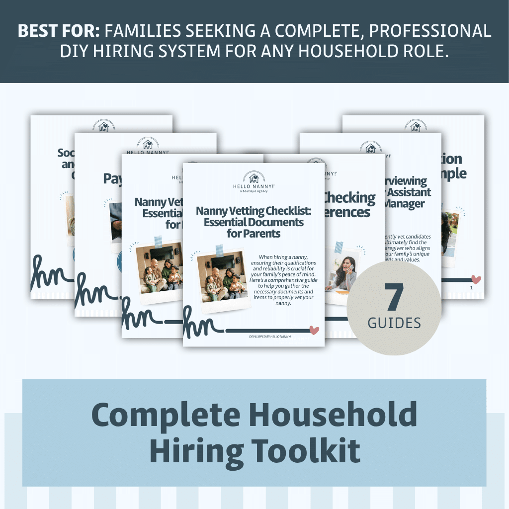 Five hiring guides with photos and icons, titled "Complete Household Hiring Toolkit" for families.