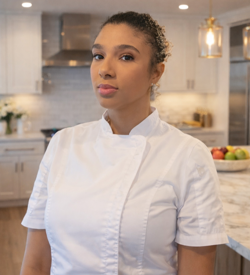 A chef in a white uniform stands in a modern kitchen with a neutral expression.