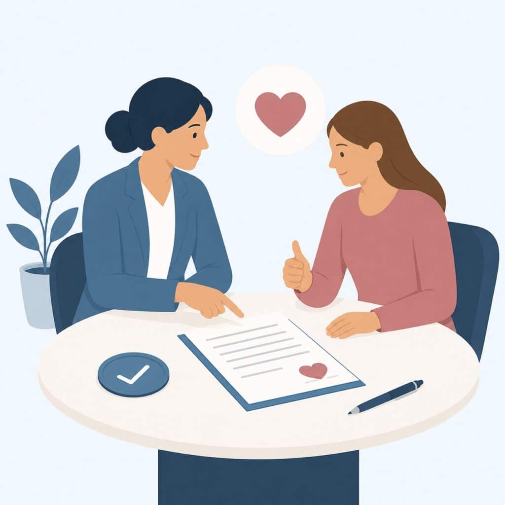 Two women sit at a table discussing a document with a heart on it; one woman gives a thumbs up.