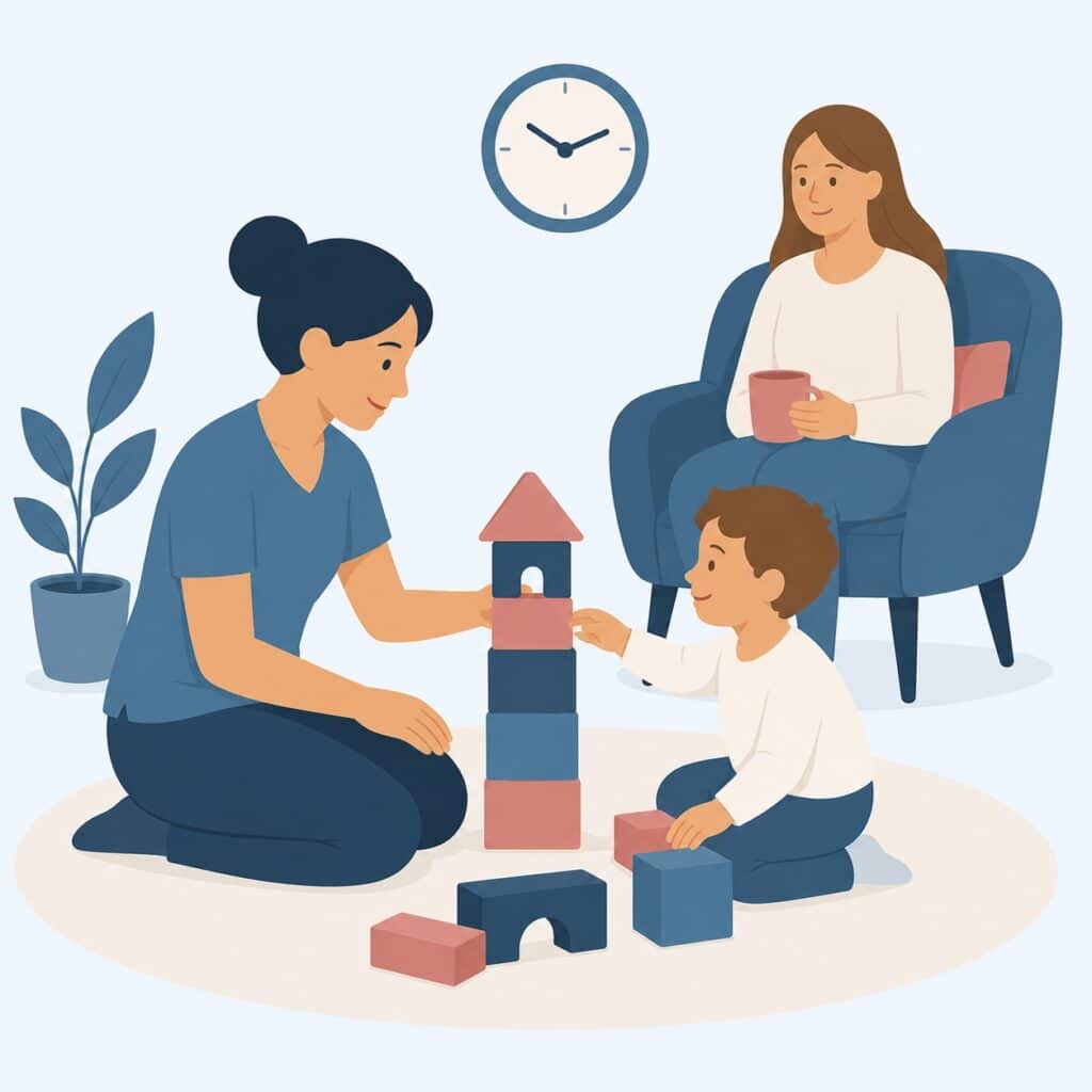 A woman and child build a block tower while another woman sits in a chair holding a cup.