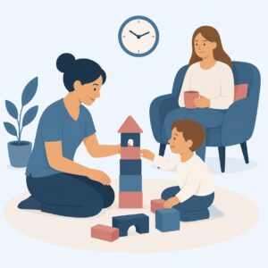 A woman and child build a block tower while another woman sits in a chair holding a cup.
