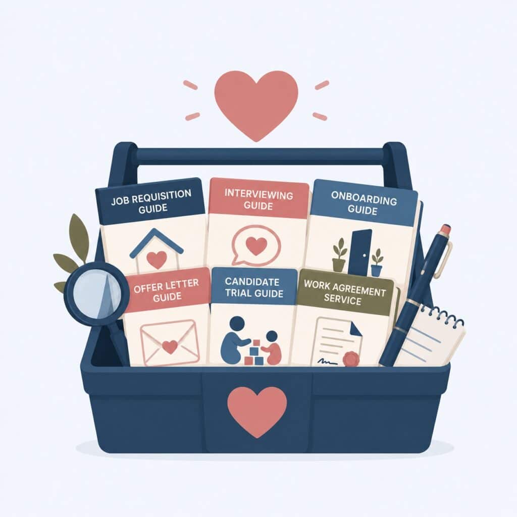 Blue toolbox with guides for job requisition, interviewing, onboarding, and more, with heart icons and a magnifying glass.