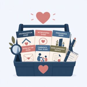 Blue toolbox with guides for job requisition, interviewing, onboarding, and more, with heart icons and a magnifying glass.