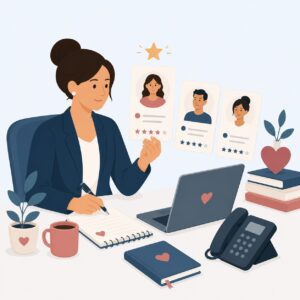 Woman at desk reviews profiles, takes notes, laptop and office supplies around her, star above a profile.