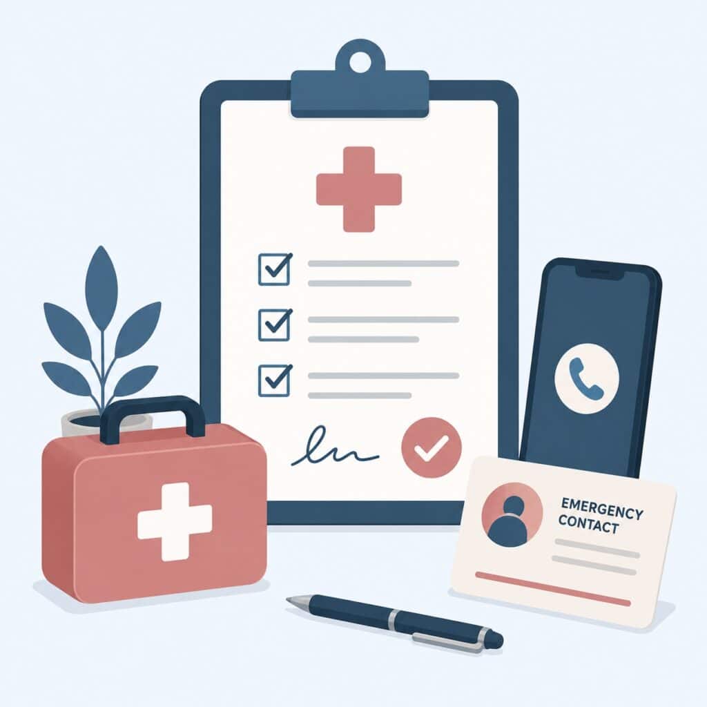 Clipboard, first aid kit, phone, emergency contact card, pen, and plant representing medical preparedness.