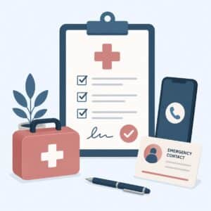 Clipboard, first aid kit, phone, emergency contact card, pen, and plant representing medical preparedness.