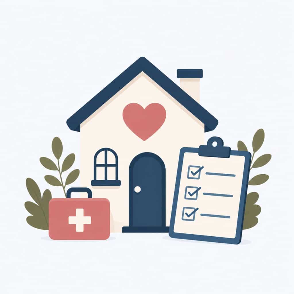 Illustration of a house with a heart, plants, a first aid kit, and a checklist on a clipboard in front.