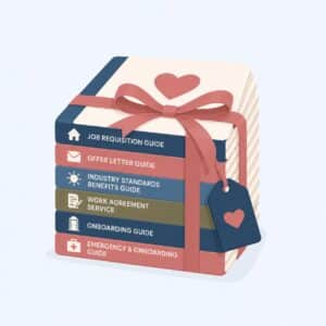 Stack of onboarding guidebooks tied with a ribbon, each labeled with different HR topics and icons.