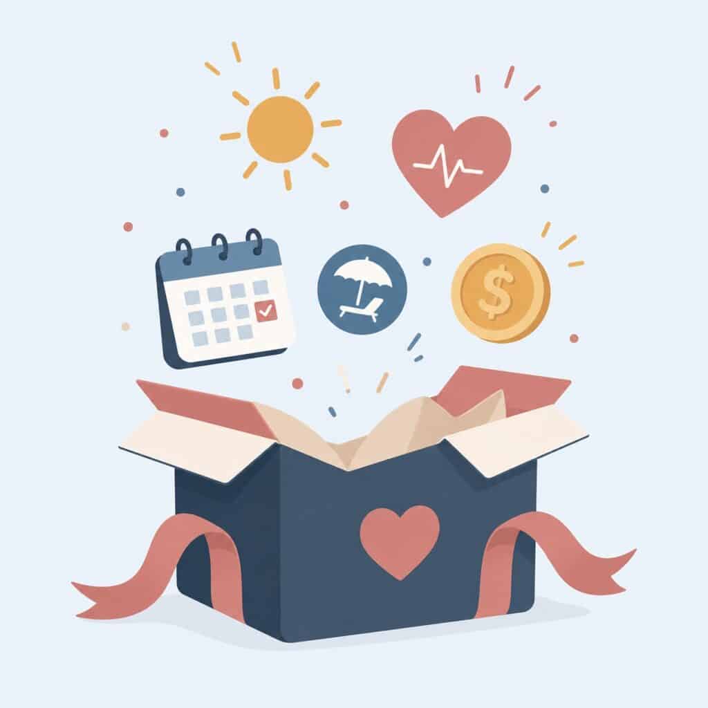 Open box with a heart symbol, calendar, sun, heart, coin, and umbrella icons floating above it.