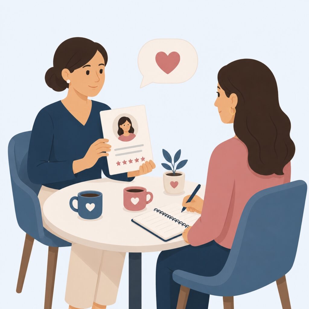 Two women sit at a table; one holds a resume, the other takes notes. A heart icon floats above them.