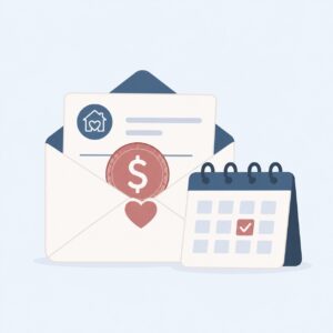 Envelope with a dollar sign seal and a calendar with a checked date beside it.