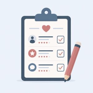 A clipboard checklist with icons, checkmarks, and a pencil, symbolizing rating or review.