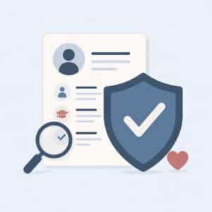 Resume with icons of a shield, magnifying glass, and heart, symbolizing verification and security.