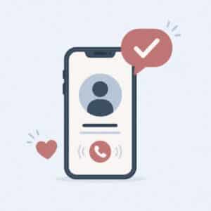 Smartphone screen shows an incoming call with a user icon, heart, and checkmark notification.