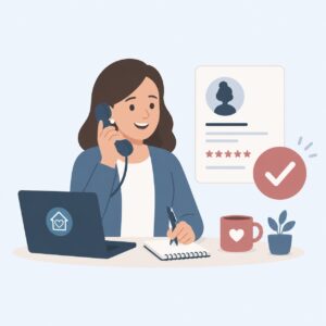 Woman on phone at desk with laptop, taking notes, coffee mug, and profile with checkmark in background.