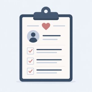 Illustration of a clipboard with a profile, checklist, and heart icon at the top.