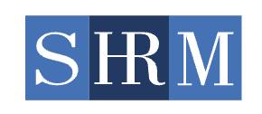 SHRM logo with white letters on a blue background.
