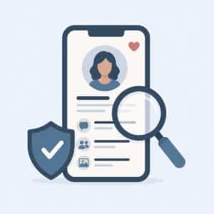 Illustration of a profile on a smartphone with a magnifying glass and a shield with a checkmark.