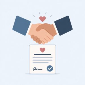 Two hands shake above a signed contract with a heart symbol, representing a friendly agreement.